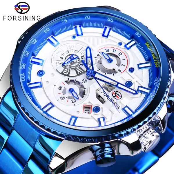 Forsining Three Dial Calendar Stainless Steel Mechanical Automatic Wrist Watch | Luxury Military Sport Timepiece - GMT1137-4 - Image 17