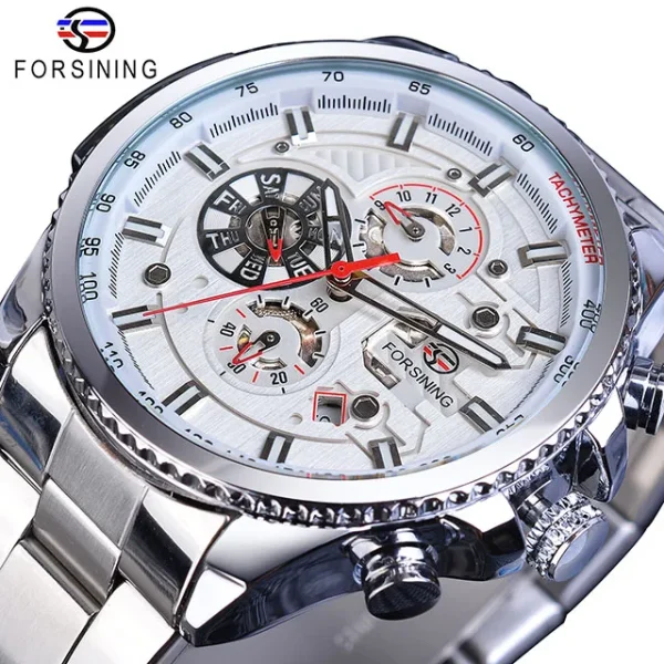 Forsining Three Dial Calendar Stainless Steel Mechanical Automatic Wrist Watch | Luxury Military Sport Timepiece - GMT1137-4 - Image 11