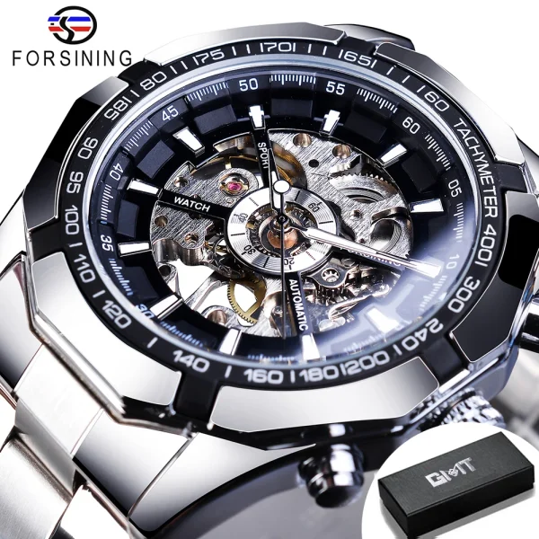 FORSINING Stainless Steel Waterproof Skeleton Watch | Luxury Mechanical Sport Wristwatch | Transparent Design - Image 2