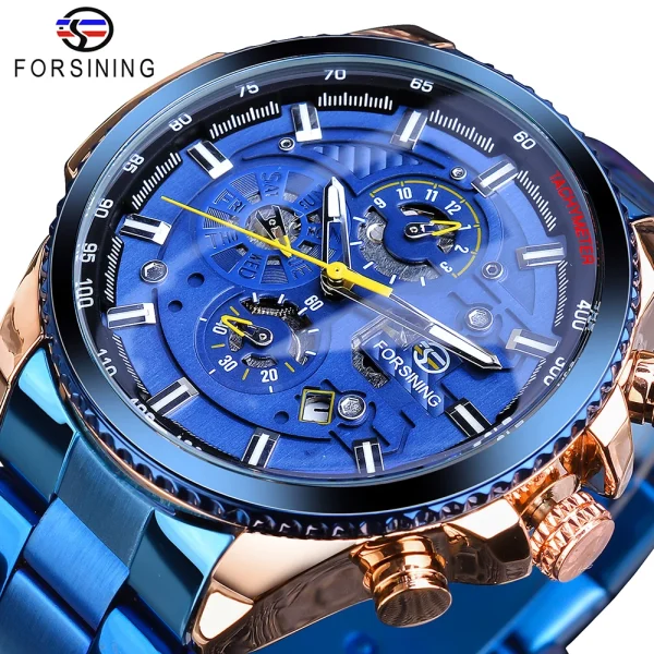 Forsining Three Dial Calendar Stainless Steel Mechanical Automatic Wrist Watch | Luxury Military Sport Timepiece - GMT1137-4 - Image 16