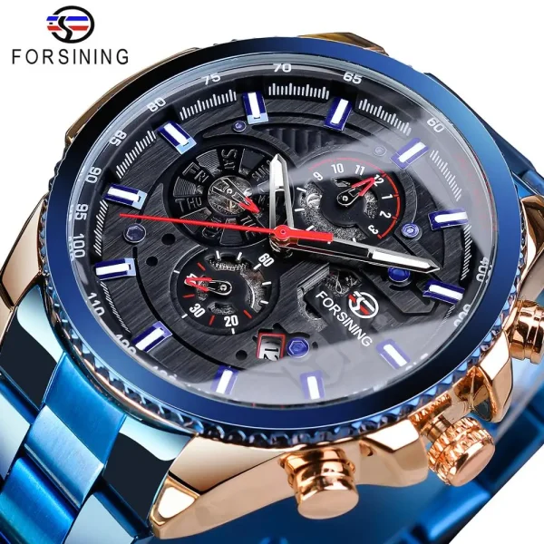 Forsining Three Dial Calendar Stainless Steel Mechanical Automatic Wrist Watch | Luxury Military Sport Timepiece - GMT1137-4 - Image 13