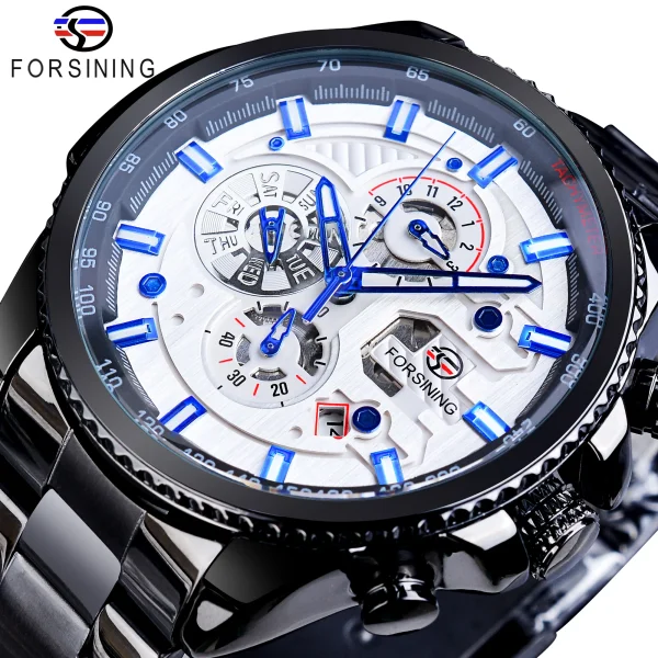 Forsining Three Dial Calendar Stainless Steel Mechanical Automatic Wrist Watch | Luxury Military Sport Timepiece - GMT1137-4 - Image 18