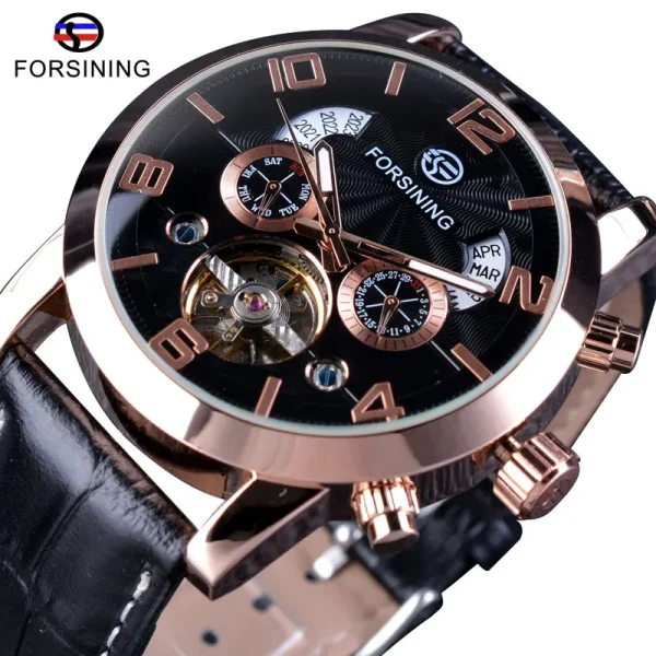 FORSINING Tourbillion Fashion Wave Black Golden Clock | Men's Automatic Mechanical Watch | Luxury Brand with Luminous & Calendar Features - Image 4