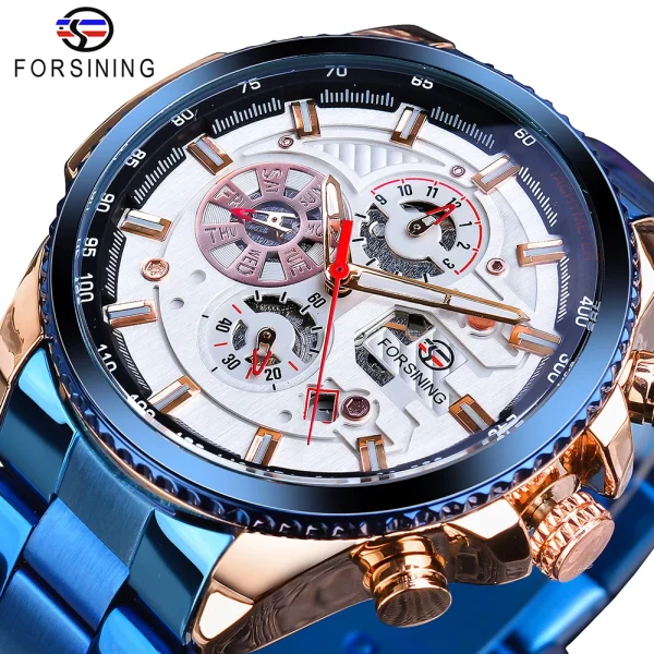 Forsining Three Dial Calendar Stainless Steel Mechanical Automatic Wrist Watch | Luxury Military Sport Timepiece - GMT1137-4 - Image 15