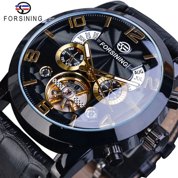 FORSINING Tourbillion Fashion Wave Black Golden Clock | Men's Automatic Mechanical Watch | Luxury Brand with Luminous & Calendar Features - Image 3