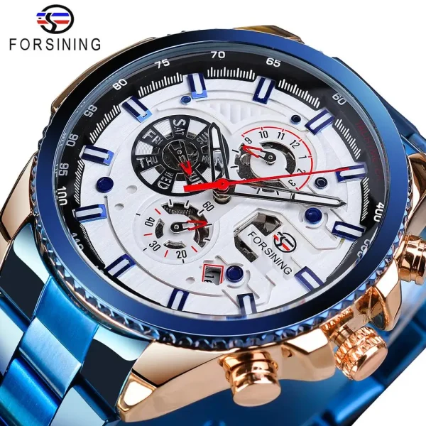 Forsining Three Dial Calendar Stainless Steel Mechanical Automatic Wrist Watch | Luxury Military Sport Timepiece - GMT1137-4 - Image 12