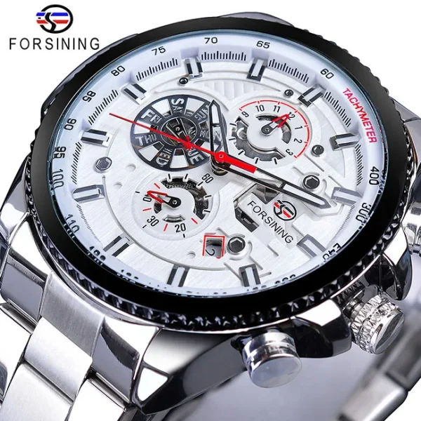 Forsining Three Dial Calendar Stainless Steel Mechanical Automatic Wrist Watch | Luxury Military Sport Timepiece - GMT1137-4 - Image 9