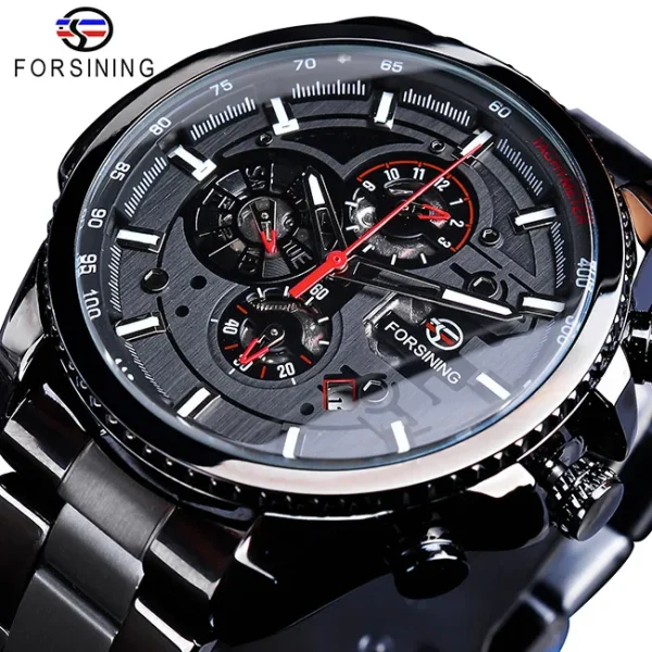 Forsining Three Dial Calendar Stainless Steel Mechanical Automatic Wrist Watch | Luxury Military Sport Timepiece - GMT1137-4 - Image 5