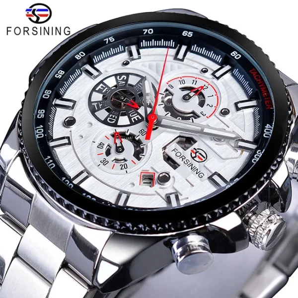 Forsining Three Dial Calendar Stainless Steel Mechanical Automatic Wrist Watch | Luxury Military Sport Timepiece - GMT1137-4 - Image 4