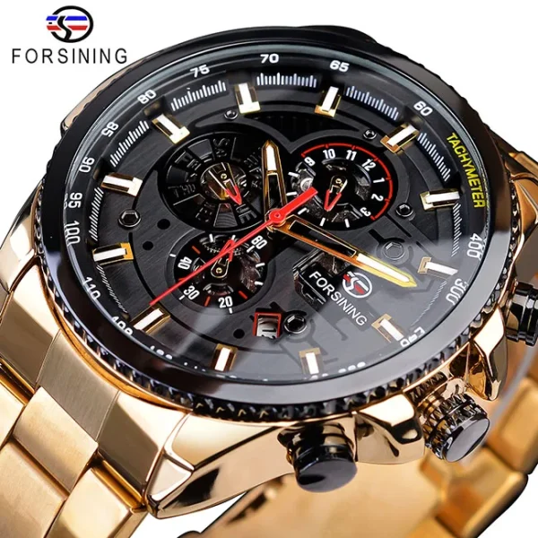 Forsining Three Dial Calendar Stainless Steel Mechanical Automatic Wrist Watch | Luxury Military Sport Timepiece - GMT1137-4 - Image 3