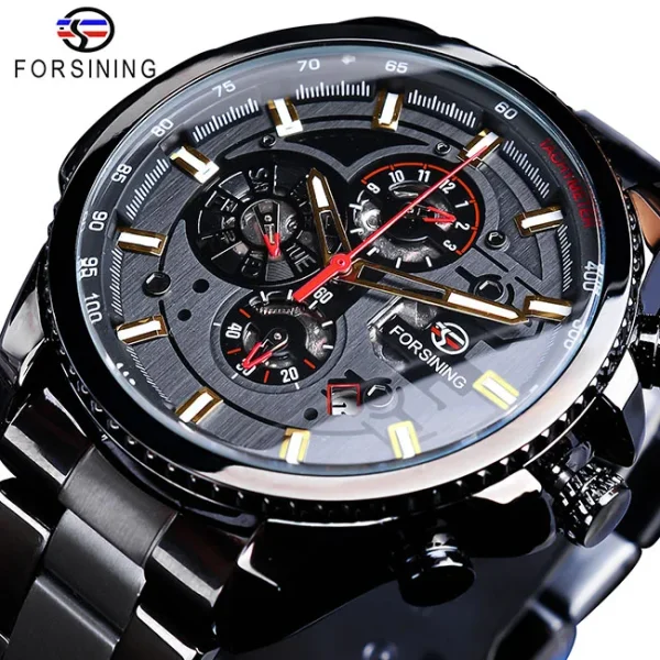 Forsining Three Dial Calendar Stainless Steel Mechanical Automatic Wrist Watch | Luxury Military Sport Timepiece - GMT1137-4 - Image 7