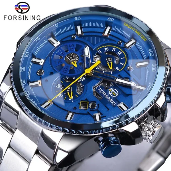 Forsining Three Dial Calendar Stainless Steel Mechanical Automatic Wrist Watch | Luxury Military Sport Timepiece - GMT1137-4 - Image 2