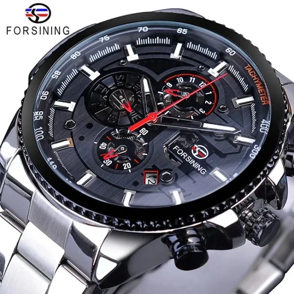 Forsining Three Dial Calendar Stainless Steel Mechanical Automatic Wrist Watch | Luxury Military Sport Timepiece - GMT1137-4 - Image 6