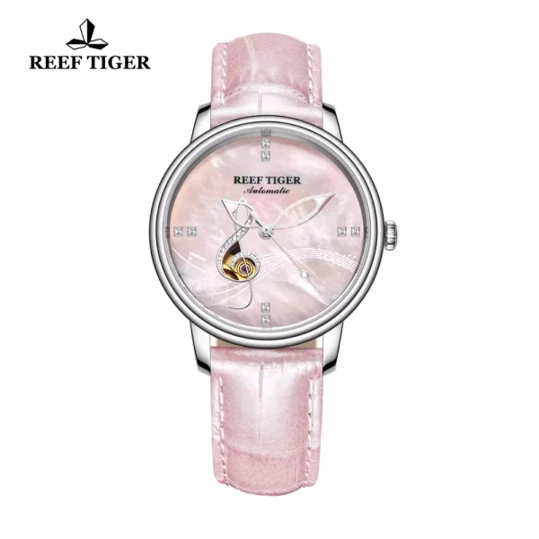 Reef Tiger Pink Dial Musical Notation Watch | Elegant Mechanical Analog Beauty RGA1582