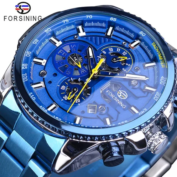 Forsining Three Dial Calendar Stainless Steel Mechanical Automatic Wrist Watch | Luxury Military Sport Timepiece - GMT1137-4 - Image 8