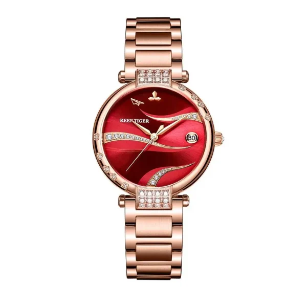 Reef Tiger Diamonds Automatic Watch | Rose Gold Stainless Steel, Red Dial, Fashion & Casual - Image 5