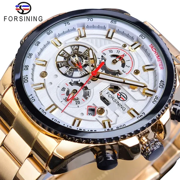 Forsining Three Dial Calendar Stainless Steel Mechanical Automatic Wrist Watch | Luxury Military Sport Timepiece - GMT1137-4 - Image 10