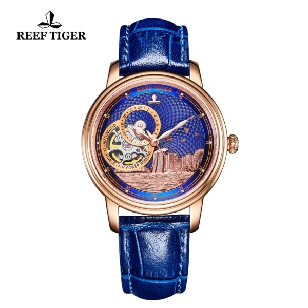 Reef Tiger/RT Rose Gold Blue Mechanical Tourbillon Watch | Luxury Elegance RGA1739