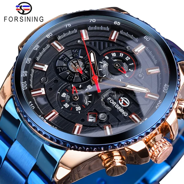 Forsining Three Dial Calendar Stainless Steel Mechanical Automatic Wrist Watch | Luxury Military Sport Timepiece - GMT1137-4 - Image 14