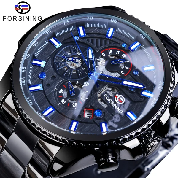 Forsining Three Dial Calendar Stainless Steel Mechanical Automatic Wrist Watch | Luxury Military Sport Timepiece - GMT1137-4 - Image 19