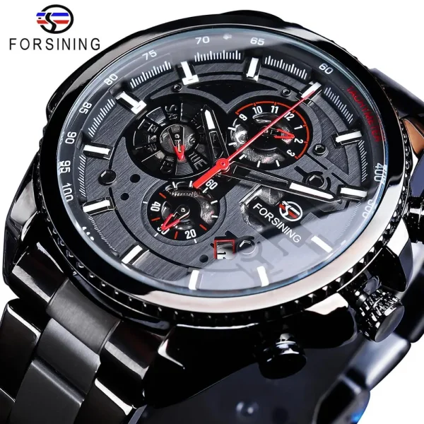 Forsining Three Dial Calendar Stainless Steel Mechanical Automatic Wrist Watch | Luxury Military Sport Timepiece - GMT1137-4