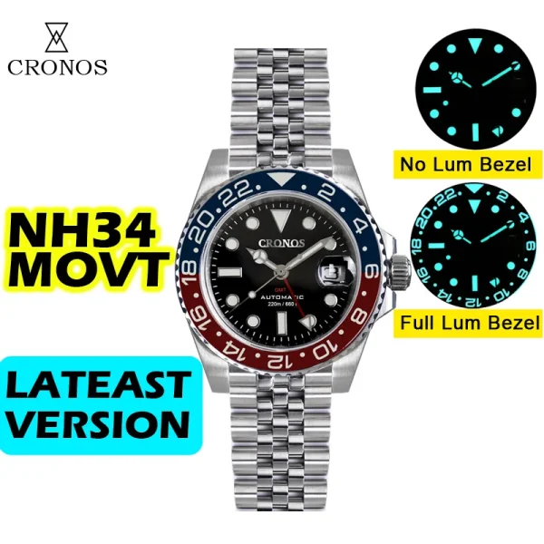 Cronos GMT Automatic Watch | Bidirectional Bezel, Sapphire, 20 ATM | NH34 Movement, Solid 5-Links Metal Bracelet, BGW-9 Lum | Luxury Timepiece - Image 4