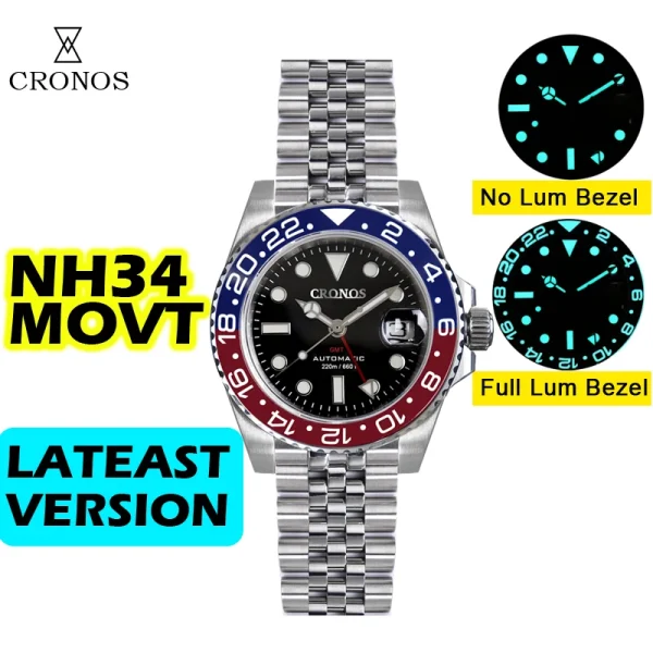 Cronos GMT Automatic Watch | Bidirectional Bezel, Sapphire, 20 ATM | NH34 Movement, Solid 5-Links Metal Bracelet, BGW-9 Lum | Luxury Timepiece - Image 5