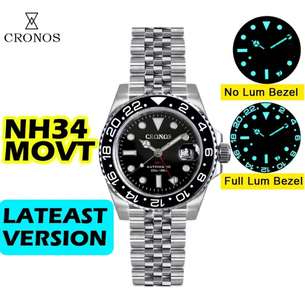 Cronos GMT Automatic Watch | Bidirectional Bezel, Sapphire, 20 ATM | NH34 Movement, Solid 5-Links Metal Bracelet, BGW-9 Lum | Luxury Timepiece - Image 7