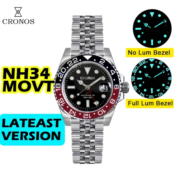 Cronos GMT Automatic Watch | Bidirectional Bezel, Sapphire, 20 ATM | NH34 Movement, Solid 5-Links Metal Bracelet, BGW-9 Lum | Luxury Timepiece - Image 3