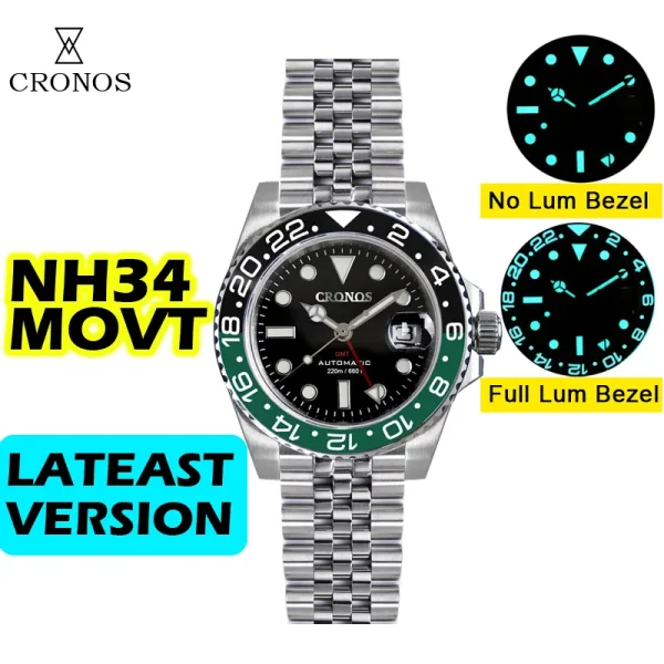 Cronos GMT Automatic Watch | Bidirectional Bezel, Sapphire, 20 ATM | NH34 Movement, Solid 5-Links Metal Bracelet, BGW-9 Lum | Luxury Timepiece - Image 2