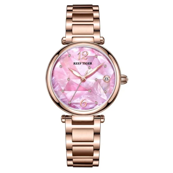 Reef Tiger RT Fashion Ladies Watch Rose Gold Blue Dial Mechanical Watch - Image 6