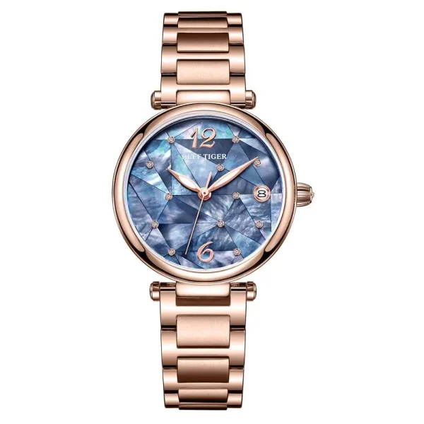 Reef Tiger RT Fashion Ladies Watch Rose Gold Blue Dial Mechanical Watch - Image 3