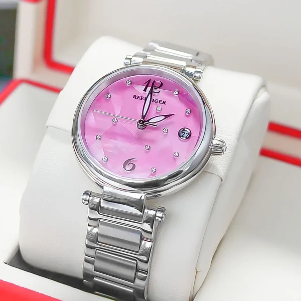 Reef Tiger Pink Dial Fashion Diamond Women's Stainless Steel Bracelet Automatic Luxury Watch