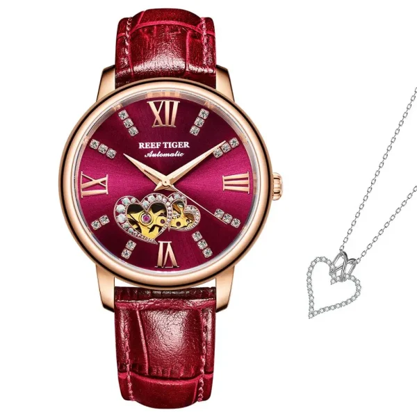 Reef Tiger Luxury Rose Gold Red Automatic Fashion Women's Love Heart Necklace Set