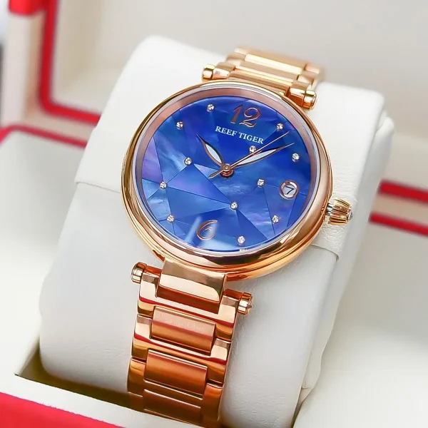 Reef Tiger/RT Fashion Diamond Rose Gold Luxury Dress Watch | Stainless Steel Bracelet Automatic Waterproof Watch RGA1584