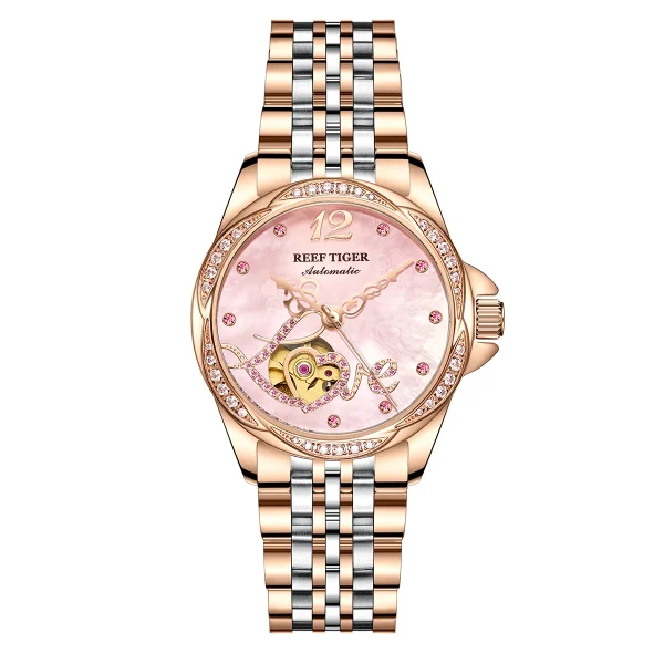 Reef Tiger/RT Luxury Sweet Heart Diamond Women's Steel Bracelet Automatic Watch RGA1583 - Image 5