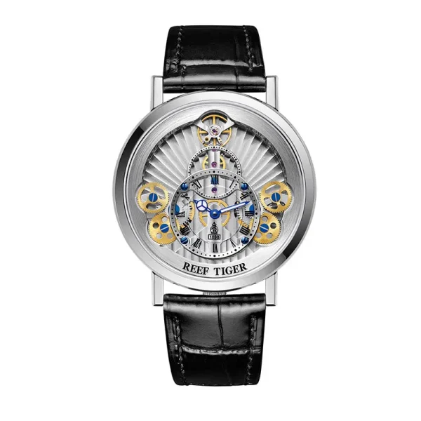 Reef Tiger/RT Designer Skeleton Quartz Watches for Men | Gear Wheel, Leather Band - RGA1958-YSS - Image 2