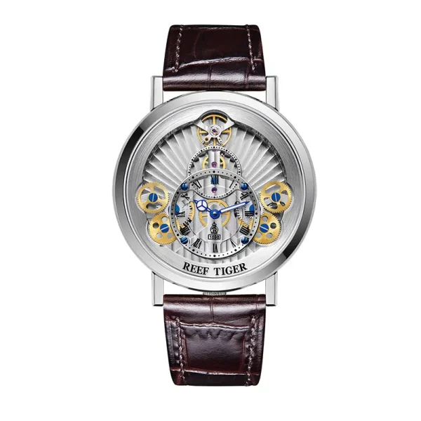 Reef Tiger/RT Designer Skeleton Quartz Watches for Men | Gear Wheel, Leather Band - RGA1958-YSS - Image 3