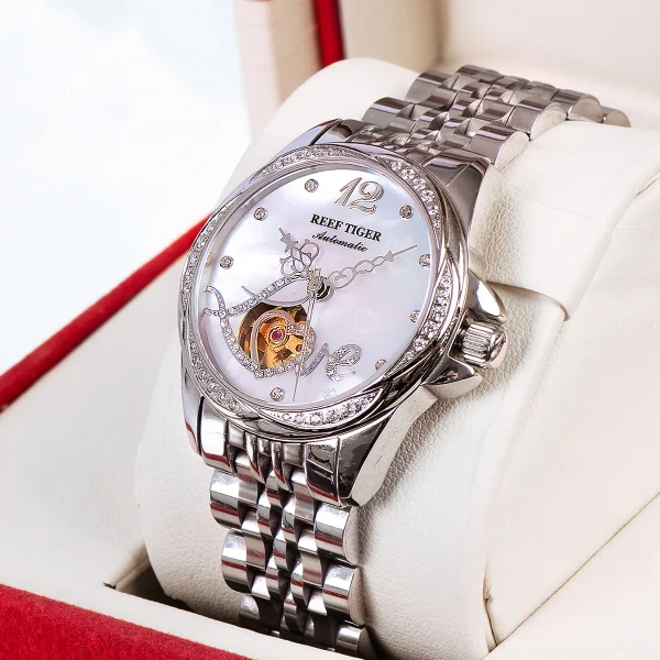 Reef Tiger/RT Luxury Sweet Heart Diamond Women's Steel Bracelet Automatic Watch RGA1583