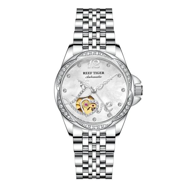 Reef Tiger/RT Luxury Sweet Heart Diamond Women's Steel Bracelet Automatic Watch RGA1583 - Image 3